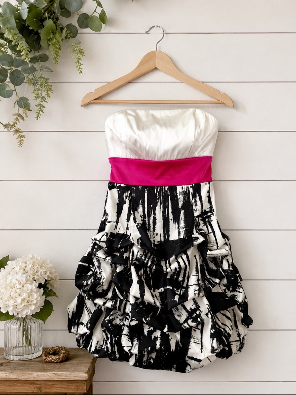 Ruby Rox Strapless Dress in White, Black & Hot Pink